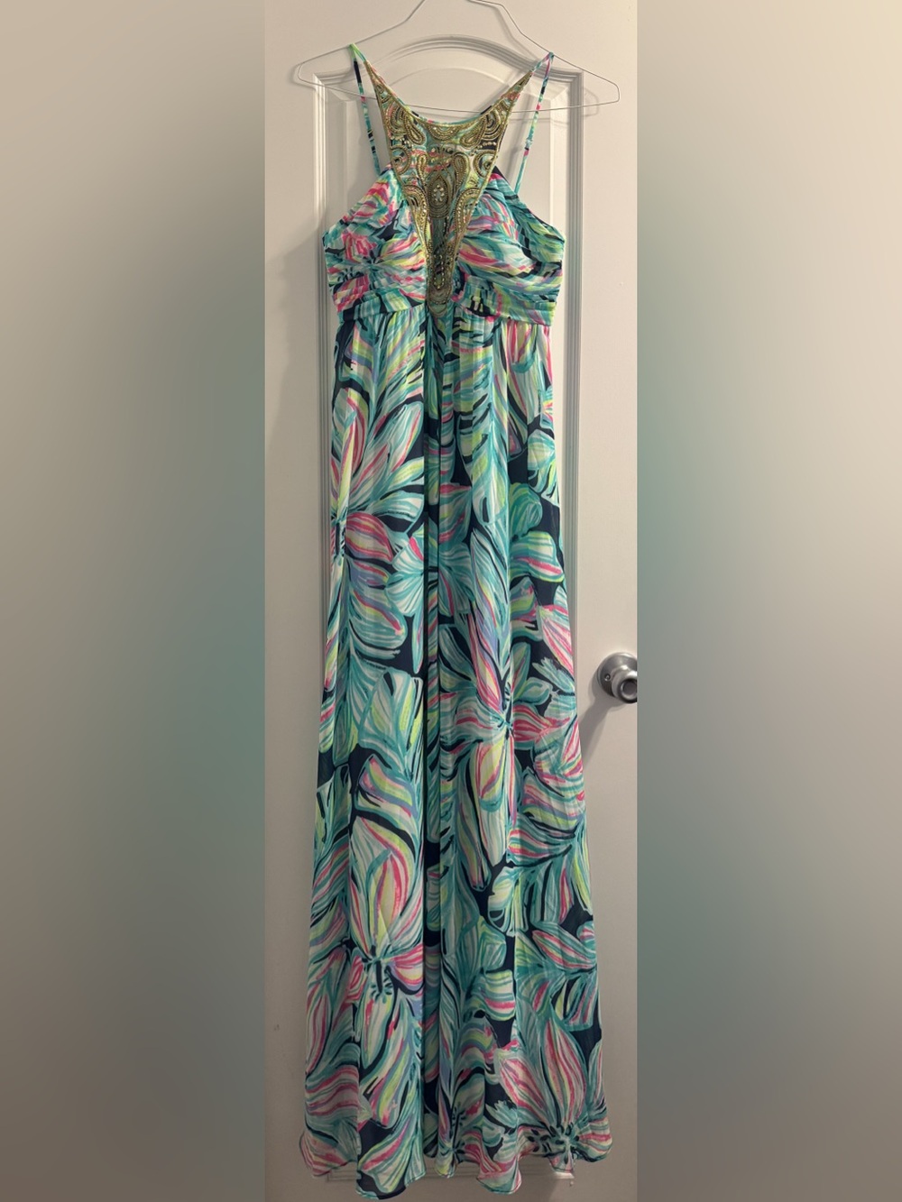 Lilly Pulitzer Teal Maxi Dress with Pink & Lime Leaf Print
